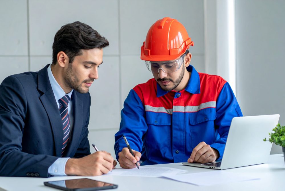 Firefly_um engenheiro vestido com cores azuis e vermelha assinando contrato junto com um empr 629246